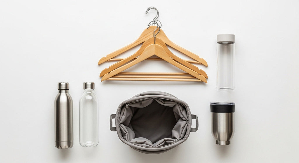Top 10 home essentials PayJustNow including stylish hangers and reusable water bottles.