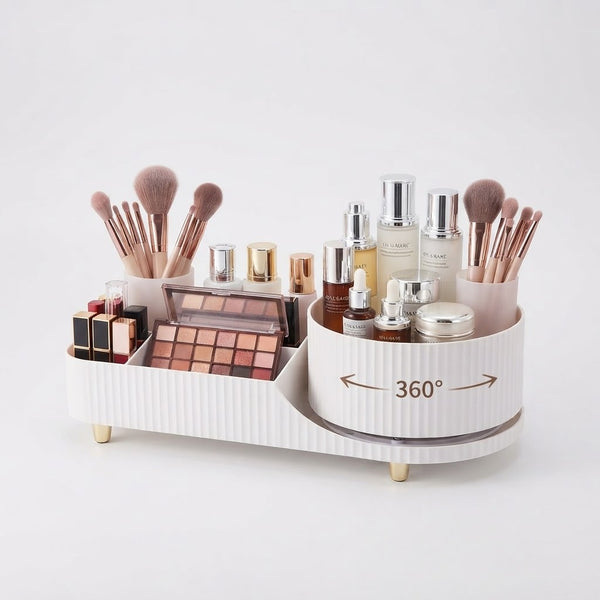 360-Degree Rotating Makeup & Skincare Organizer showcasing makeup, brushes, and skincare products in an organized design.