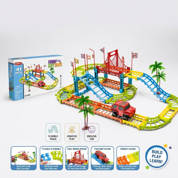 Funny City Track 41-Piece Flexible Track Playset with colorful track pieces and a car on a vibrant setup.