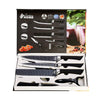 6 Piece Non Stick Coating Stainless Steel Knife Set displayed in a box with various knife designs and kitchen accessories.