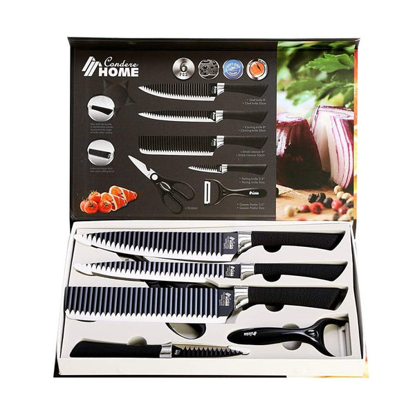 6 Piece Non Stick Coating Stainless Steel Knife Set displayed in a box with various knife designs and kitchen accessories.
