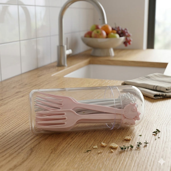 Reusable Plastic Fruit Forks with Storage Case