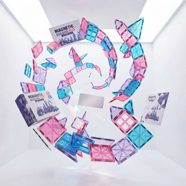 Dynamic arrangement of 58-Piece Diamond Magnetic Building Tiles showcasing colorful geometric pieces and box.