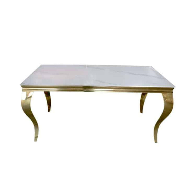 Sleek Modern Coffee Table featuring a white top and elegant gold curved legs, perfect for contemporary living spaces.