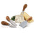 Premium 4-Piece Cheese Tools Set featuring stainless steel utensils and acacia wood handles next to various cheese types.