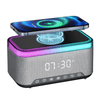 Smart Multifunction Alarm Clock with Bluetooth Speaker showing a phone charging wirelessly on top.