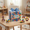 125-Piece DIY Square Building Blocks Set displayed in a clear box with a blue ribbon, surrounded by colorful block creations.