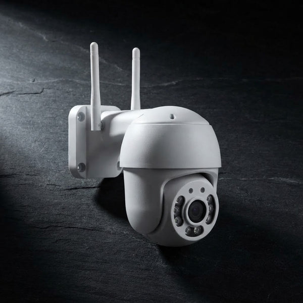 1080P Outdoor PTZ Wi-Fi Security Camera with white housing and dual antennas.