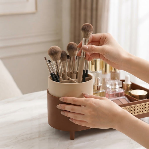 Brown 2-in-1 Rotating Cosmetic Organizer holding makeup brushes and cosmetics.