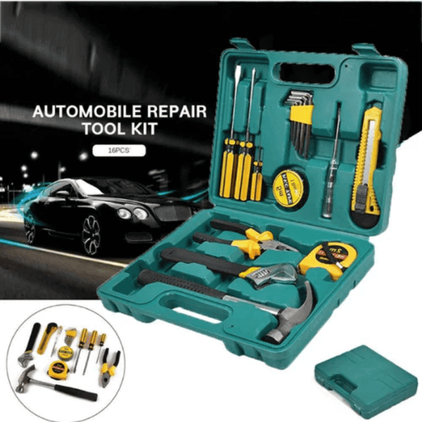 16-Piece Compact Home Repair Tool Kit with various tools for automobile repair and maintenance.