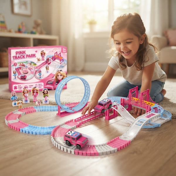 A girl playing with the Pink Battery-Operated Toy Race Track Playset featuring vibrant pink tracks and toy cars.