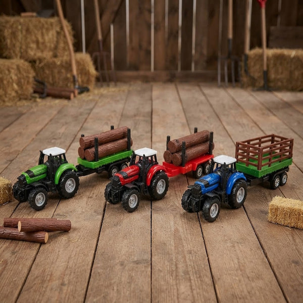 Farm Model Die-Cast Metal Series Toy Set with colorful tractors and logs on a wooden floor.