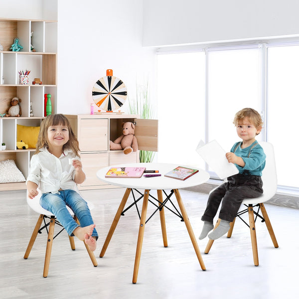 Kids Modern Plastic Chair with Wooden Legs used by children at a play table in a bright, modern room.