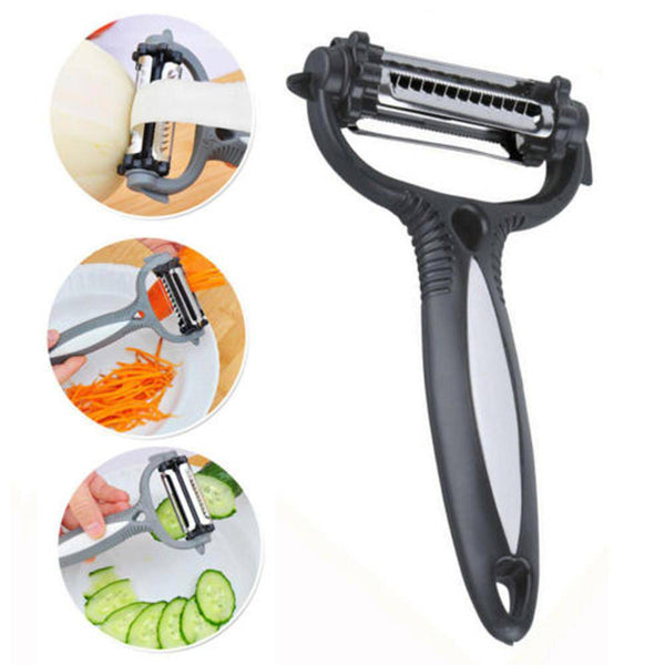 3 in 1 Rotary Fruit and Vegetable Peeler Non-Slip showcasing peeling, slicing, and shredding with one tool.
