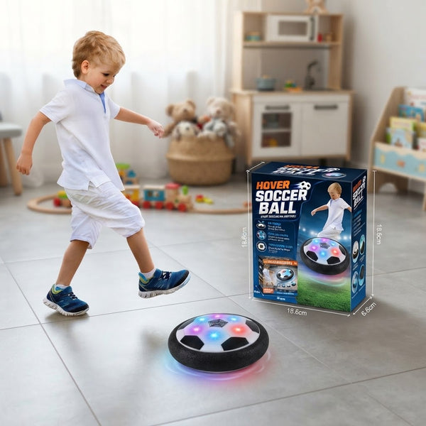 Child playing with LED Hover Soccer Ball in a bright indoor setting, showcasing the interactive features and box design.