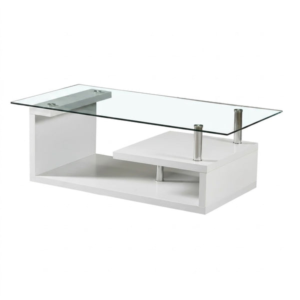 Elegant Crystal Glass Coffee Table featuring a sleek design with a glass top and modern white base.