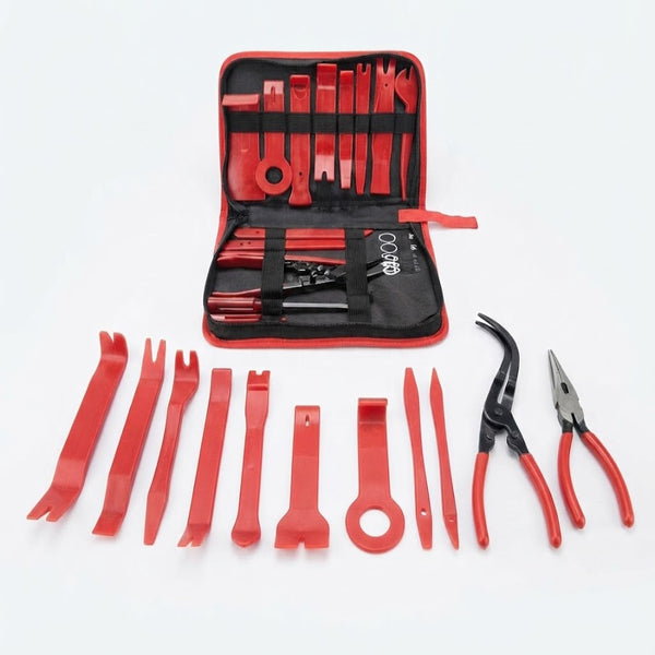 19-Piece Automotive Trim Removal Tool Kit displayed in a zippered storage pouch with red and black tools.