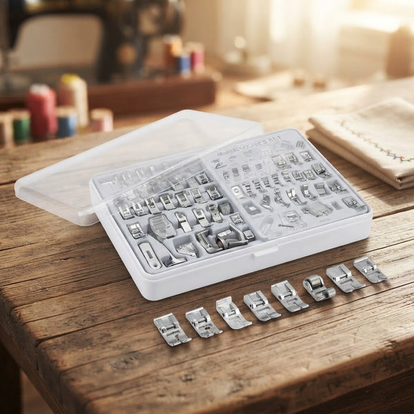 42-Piece Domestic Sewing Machine Presser Feet Set displayed in a clear storage case on a wooden table.