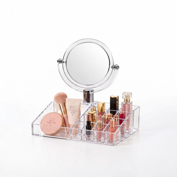 Acrylic Vanity Mirror Makeup Organizer with makeup products and a round mirror for organized beauty essentials.