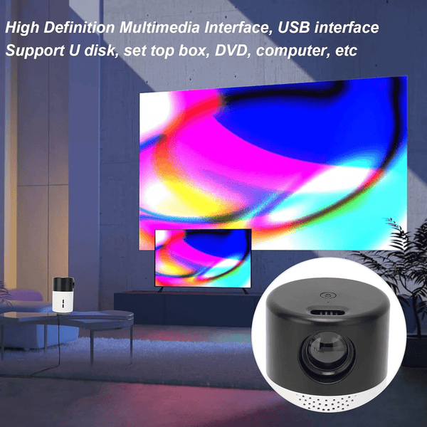 Mini Home & Outdoor Movie Projector displaying colorful visuals on a large screen in a modern living space.