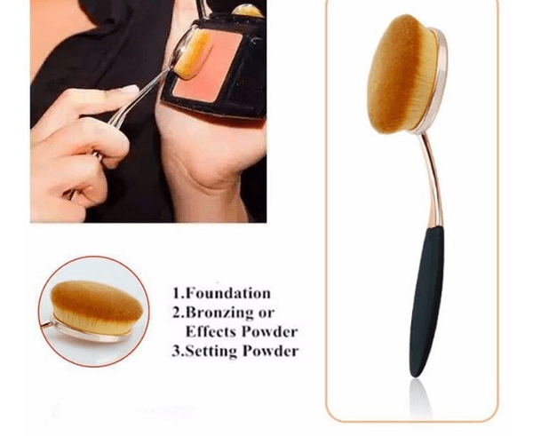 Application of makeup using the 6 Piece Oval Makeup Brush Set for foundation, bronzing, and setting powder.