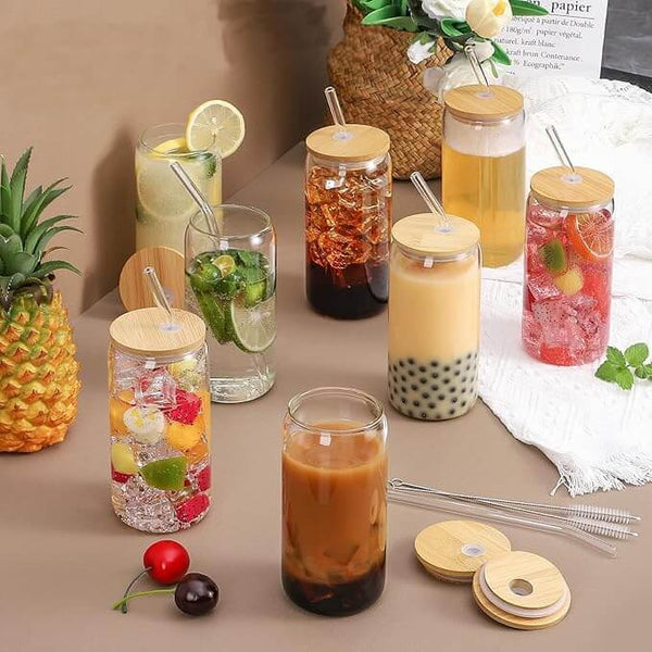 Perfect Dealz 4 Pieces Can Shaped Drinking Glass with Bamboo Lids and Glass Straw Set