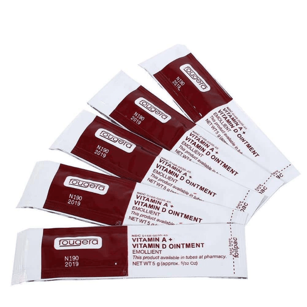 50 Piece Vitamin A + Vitamin D Healing Ointment packets arranged in a row, promoting skin recovery and hydration.