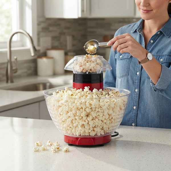 Woman using the Red Electric Hot-Air Popcorn Maker measuring popcorn into the clear bowl filled with fluffy popcorn.
