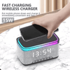 Smart Multifunction Alarm Clock with Bluetooth Speaker featuring a fast charging wireless charger for mobile devices.