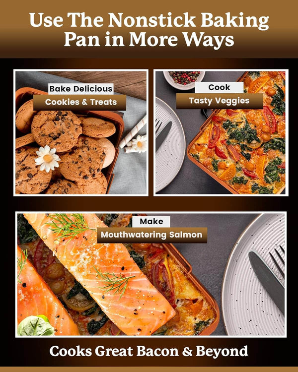 Copper Bacon Bonanza: Collage of the Nonstick Baking Pan showcasing baking cookies, cooking veggies, and making salmon, emphasizing versatility.
