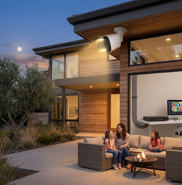 3MP 16-Channel NVR PoE Security Camera Kit: A family enjoying time around a fire pit outside a modern home, showcasing a 3MP 16-Channel NVR PoE Security Camera.