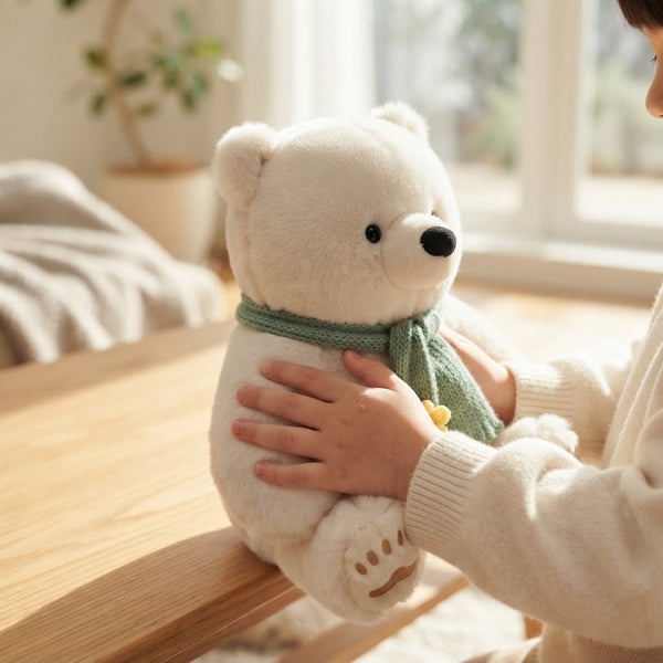 Child hugging a 23cm Plush Polar Bear with a green scarf, perfect for cozy playtime and bedtime snuggles.