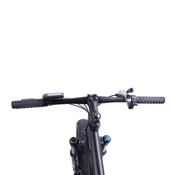 View of handlebars on a 26-Inch Fat Tyre Electric Bike showcasing grips and controls.