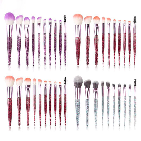 10pcs Clear Crystal Quicksand Makeup Brush Set featuring colorful crystal handles and soft brush fibers for flawless application.