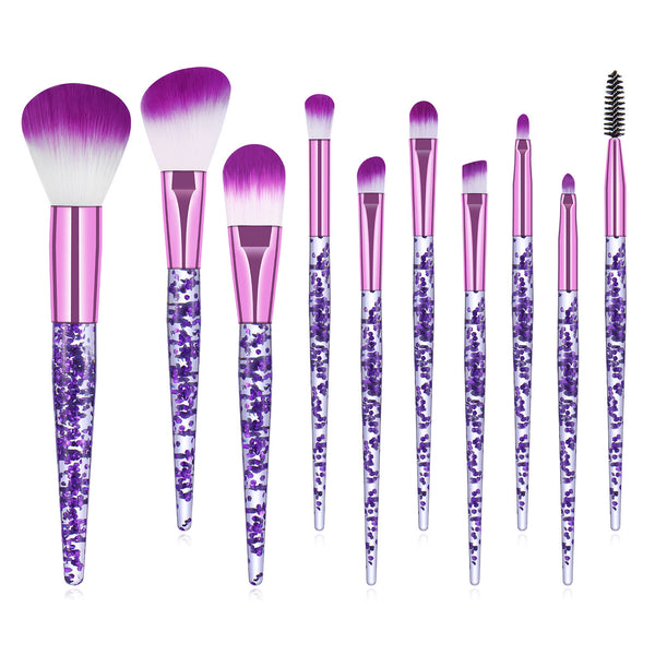 10pcs Clear Crystal Quicksand Makeup Brush Set featuring smooth performance and stylish quicksand handles.