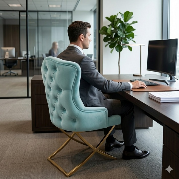 Man sitting on a Cassander Dining Chair at a modern office desk with plants and a computer.