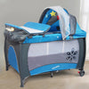 Alloy Portable Simplistic Portable Crib features a blue design with a canopy and rolling wheels for easy movement.