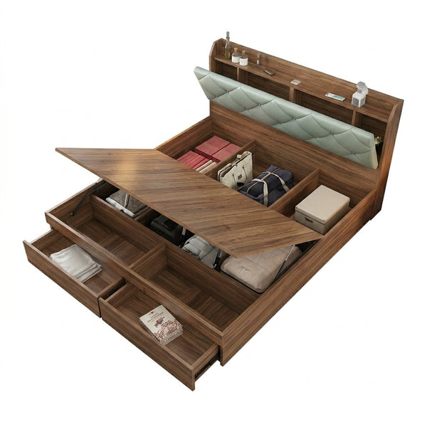 Solid Wood Storage Bed Frame with spacious under-bed storage compartments and a modern wooden design.