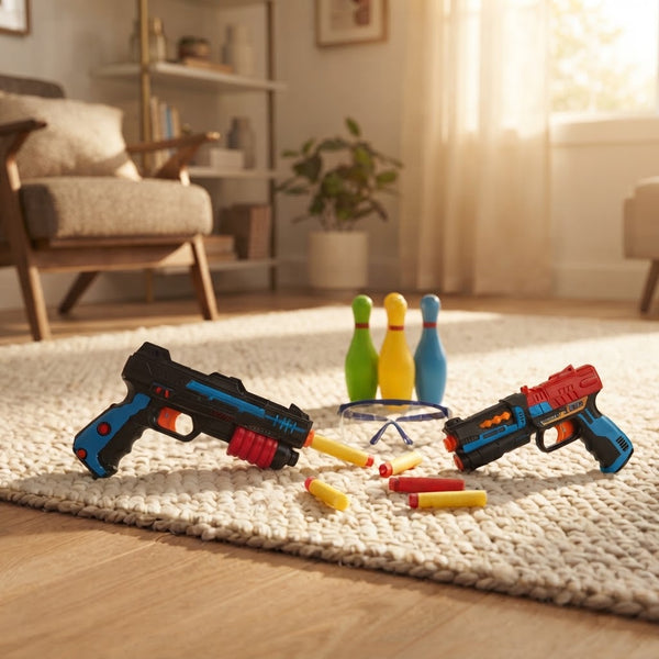 Police Blaster Pretend Play Toy Set for Kids with toy guns, darts, and bowling pins in a cozy playroom setting.