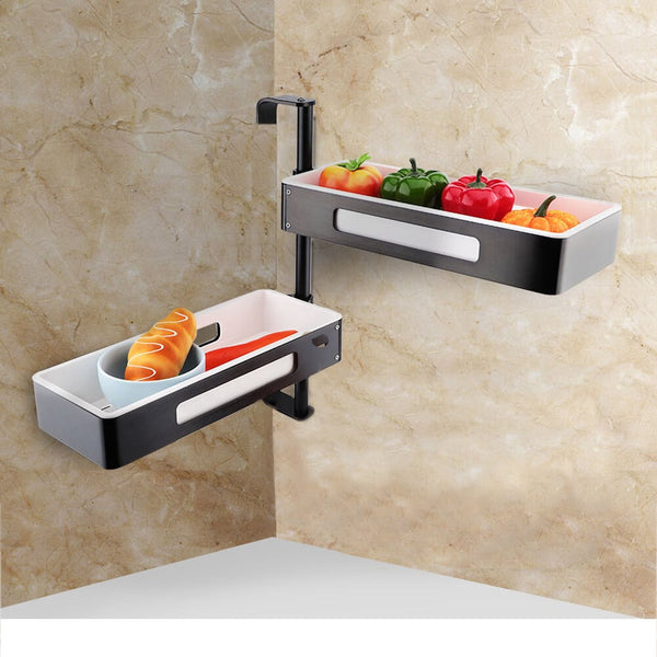 180 Rotating Finishing Frame 2-Tier for Kitchen and Bathroom displaying colorful fruits and vegetables.