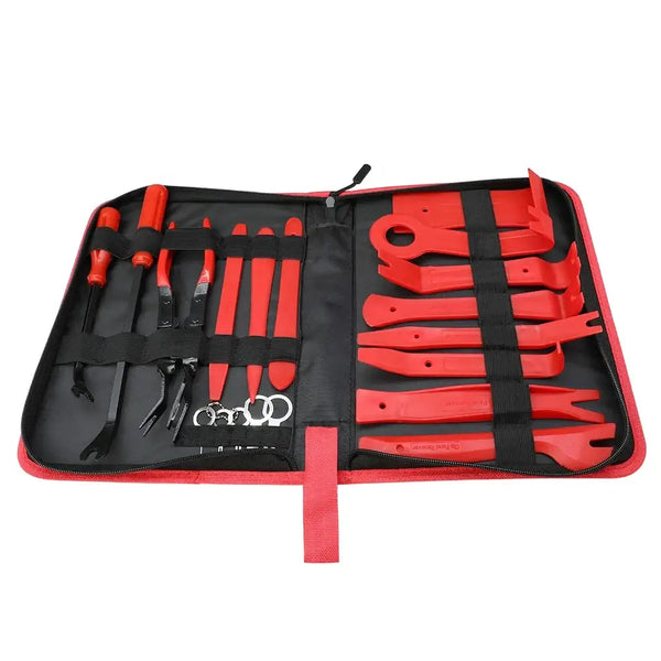 19-Piece Car Trim & Panel Removal Tool Kit featuring various red tools in a black carrying case, ideal for safe automotive interior work.
