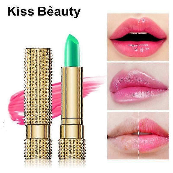 Aloe Vera Temperature Colour-Changing Lipstick in a stylish gold case with pink tint transformation on lips.