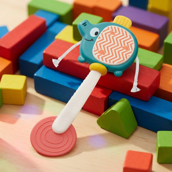 Elephant Rattle Toy featuring a playful elephant design, colorful blocks, and hands-on sensory play elements.