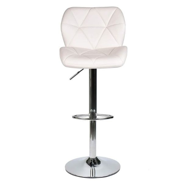 White Shell Bar Stool with Gas Lift and Chrome Base featuring a geometric quilted backrest.