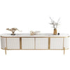 Arabelle Luxe Modern Marble Finish TV Stand with gold accents and decorative accessories on top.
