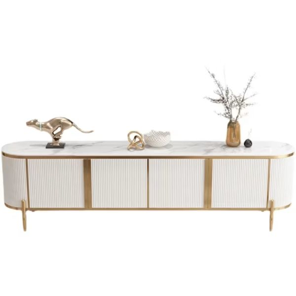 Arabelle Luxe Modern Marble Finish TV Stand with gold accents and decorative accessories on top.