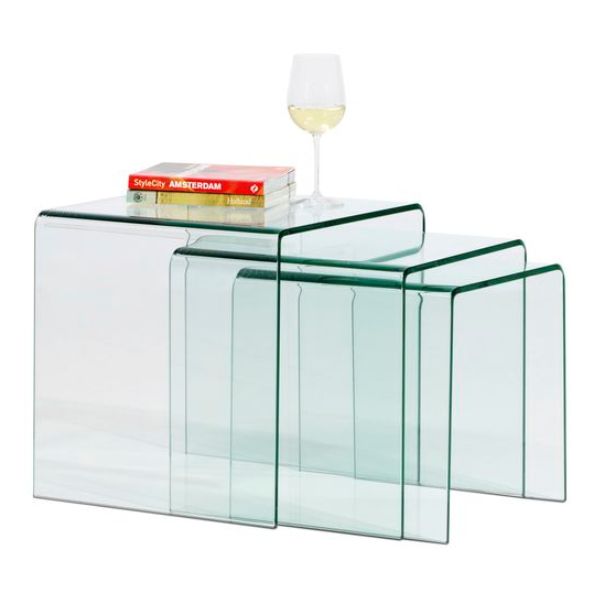 3 Piece Nesting Coffee Table Set with a glass surface, wine glass, and book, ideal for modern living room decor.