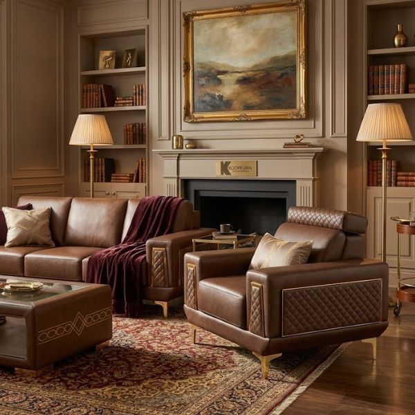 Luxury Quilted Accent Armchair with Wooden Legs in an elegant living room setting with a cozy fireplace.