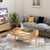 Eleonor Glass & Wood Coffee Table in a modern living room setting with plush sofa and decorative plants.