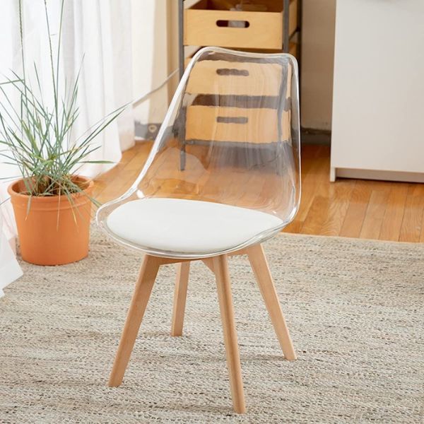Scandinavian Transparent Elk Dining Chair featuring a clear design and minimalist wooden legs in a cozy interior.